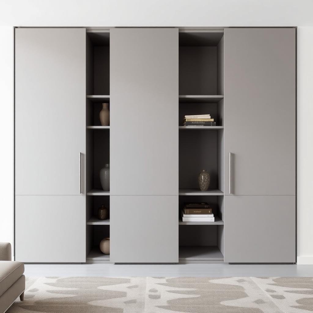 Minimalist living room with a modular gray cabinet system and open shelving