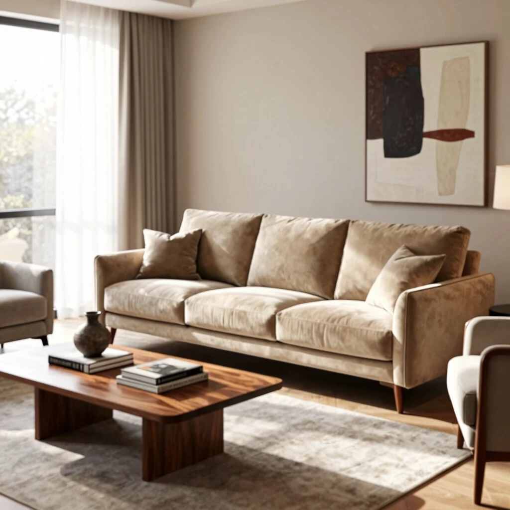 Elegant living room setup with central sofa and complementary chairs