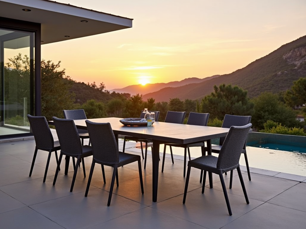 Extendable patio dining table in a scenic outdoor setting