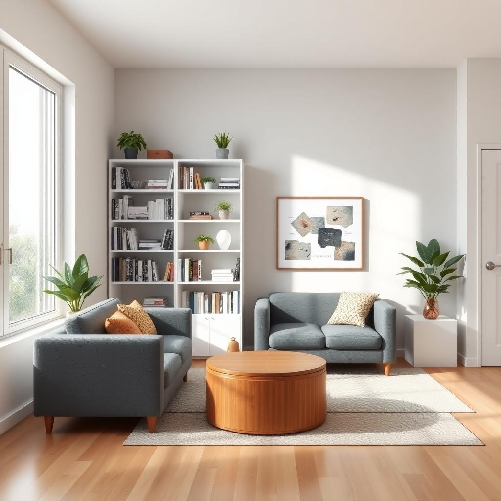 Cozy small living room with a modern white bookshelf, gray sofa, and round coffee table with storage, bathed in natural light.
