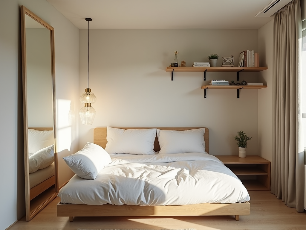 A small bedroom with a futon bed and wall-mounted shelves.