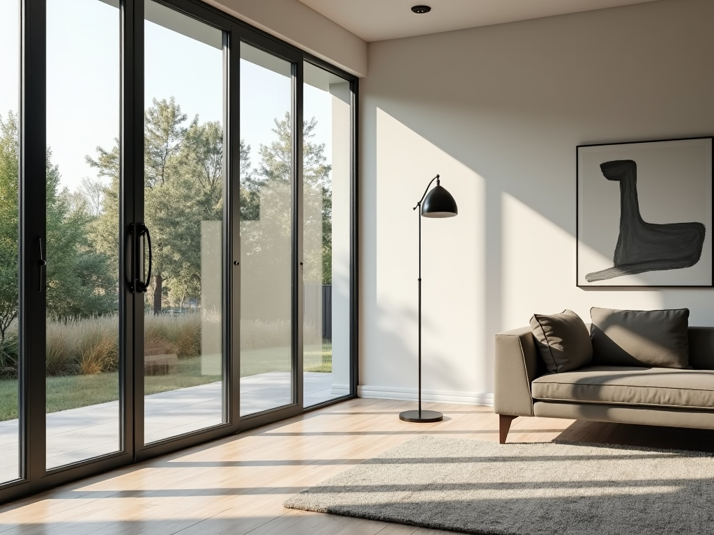 Modern living room with large windows and natural light