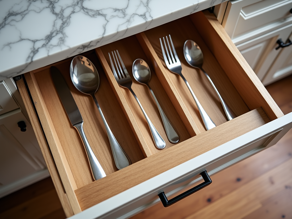 Custom drawer inserts in a kitchen cabinet