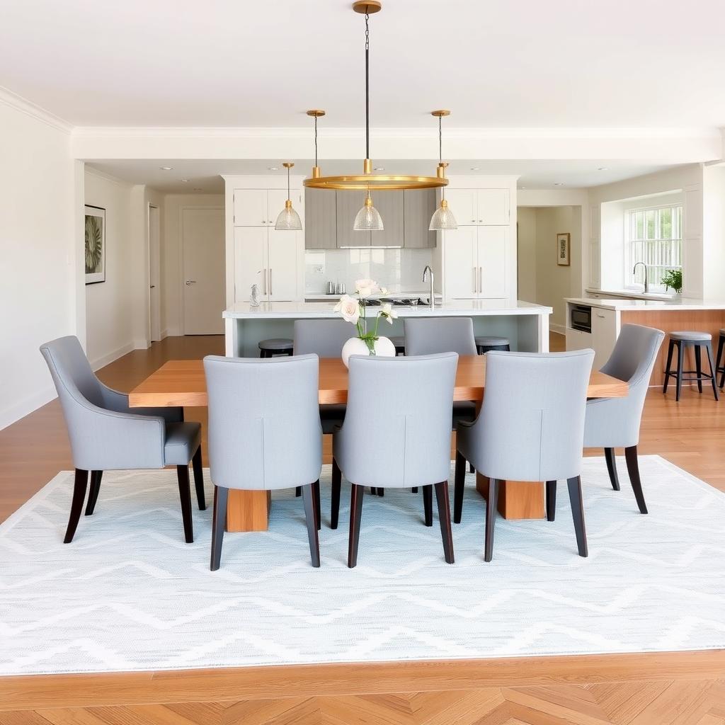 Open-plan dining area with a rectangular table, six gray upholstered chairs, and a geometric rug.