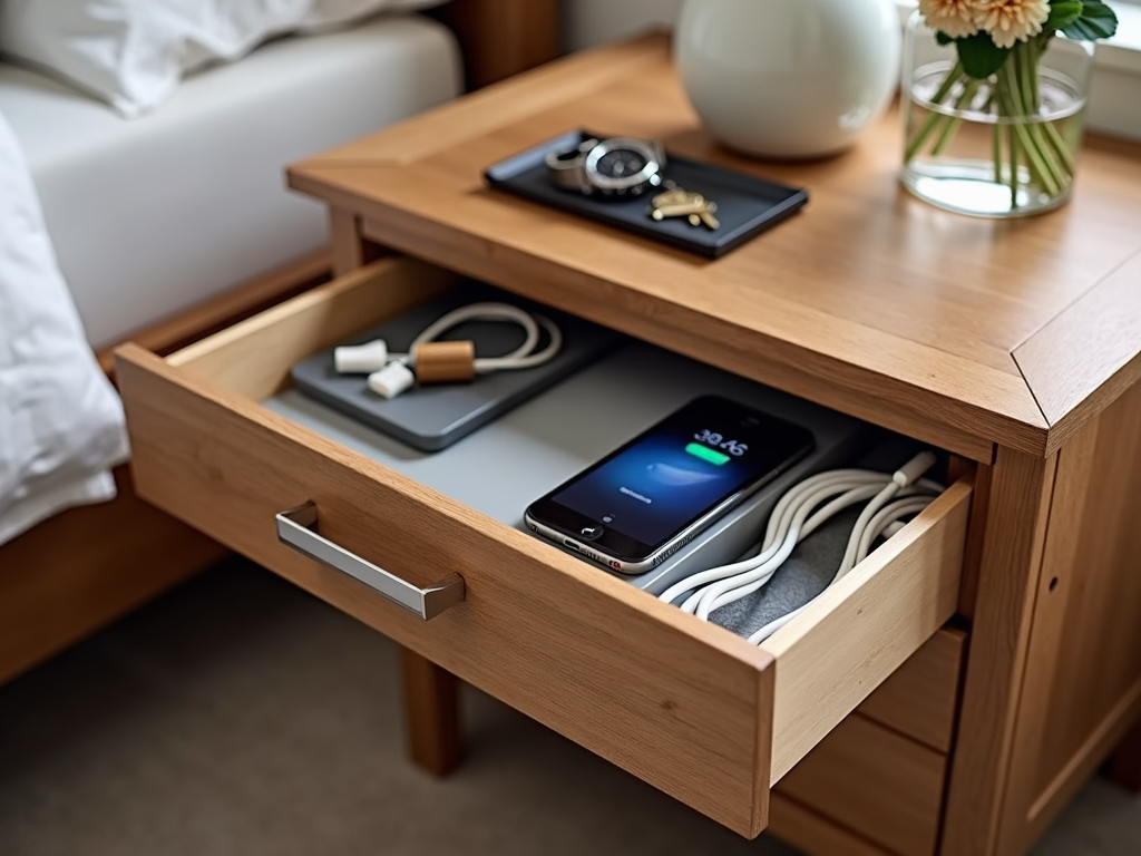 A nightstand with a built-in charging station and organized drawer, featuring a phone charging and decorative items on top.