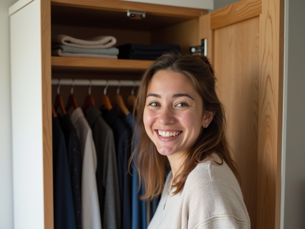 Person happy with organized armoire
