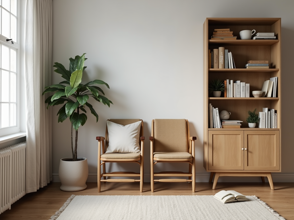 Foldable chairs stacked in a living room corner