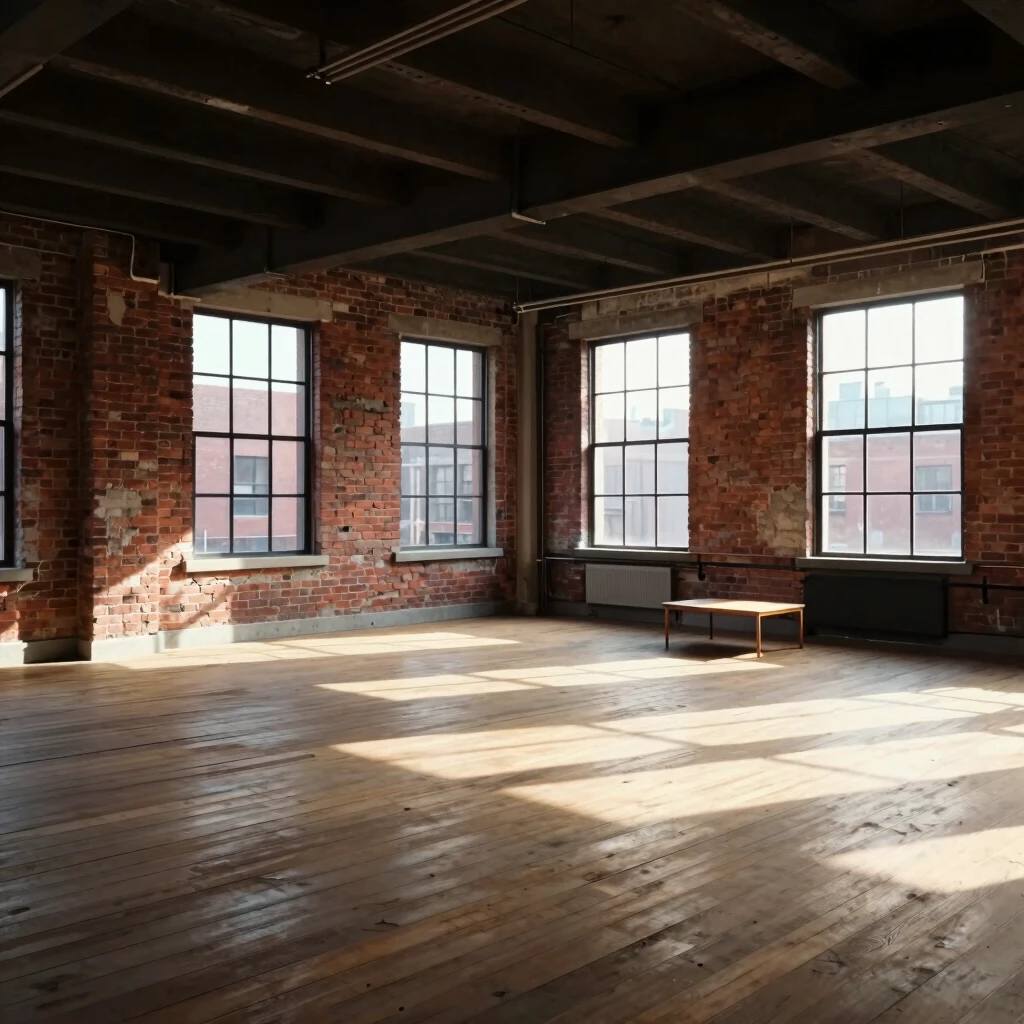 Empty urban loft space ready for transformation with multi-functional furniture