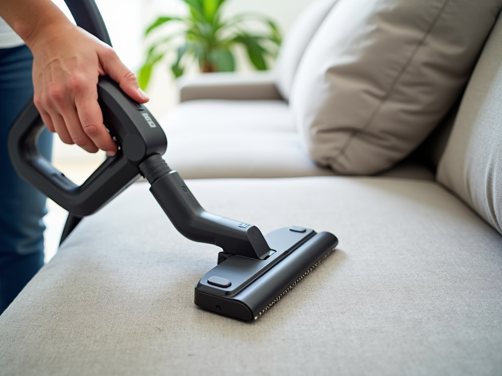 A person cleaning a sofa with a vacuum cleaner.