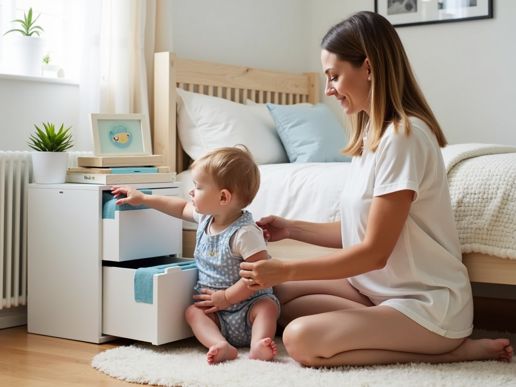 Parent adding corner guards to nightstand