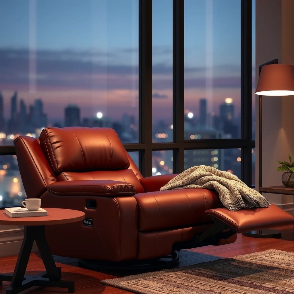 Modern living room with a luxurious leather power recliner at dusk