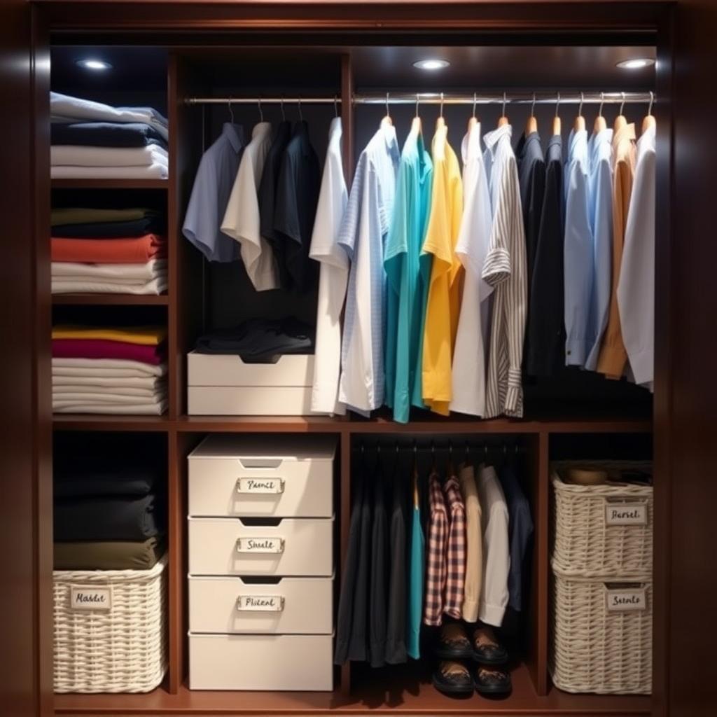 Inside view of a tidy armoire with folded clothes, hanging shirts, and labeled accessory baskets