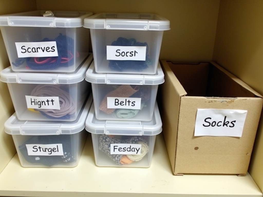 Budget-friendly storage solutions in a closet, including plastic bins and a repurposed shoebox.