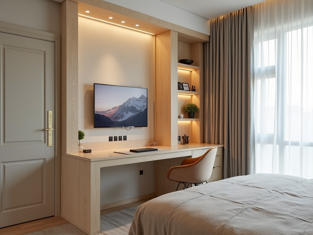 A small living room with a fold-down desk for a compact workspace.