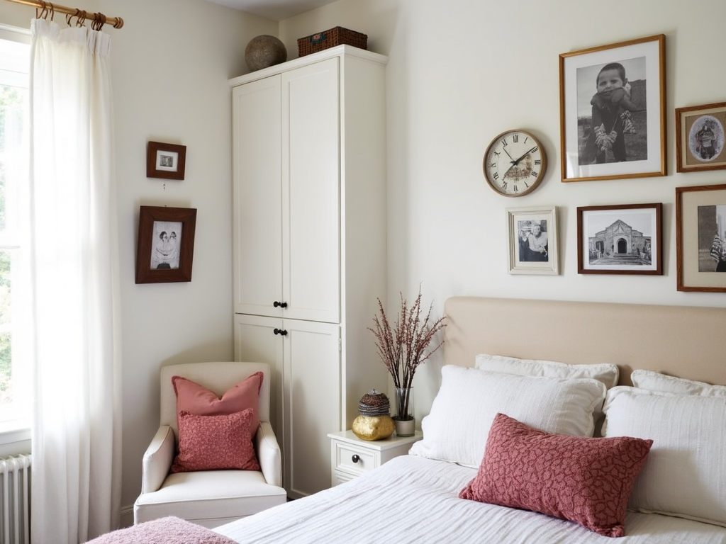 A bedroom with personalized decor and a cozy reading nook