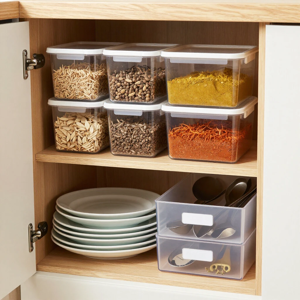 Organized kitchen cabinet with bins and shelves