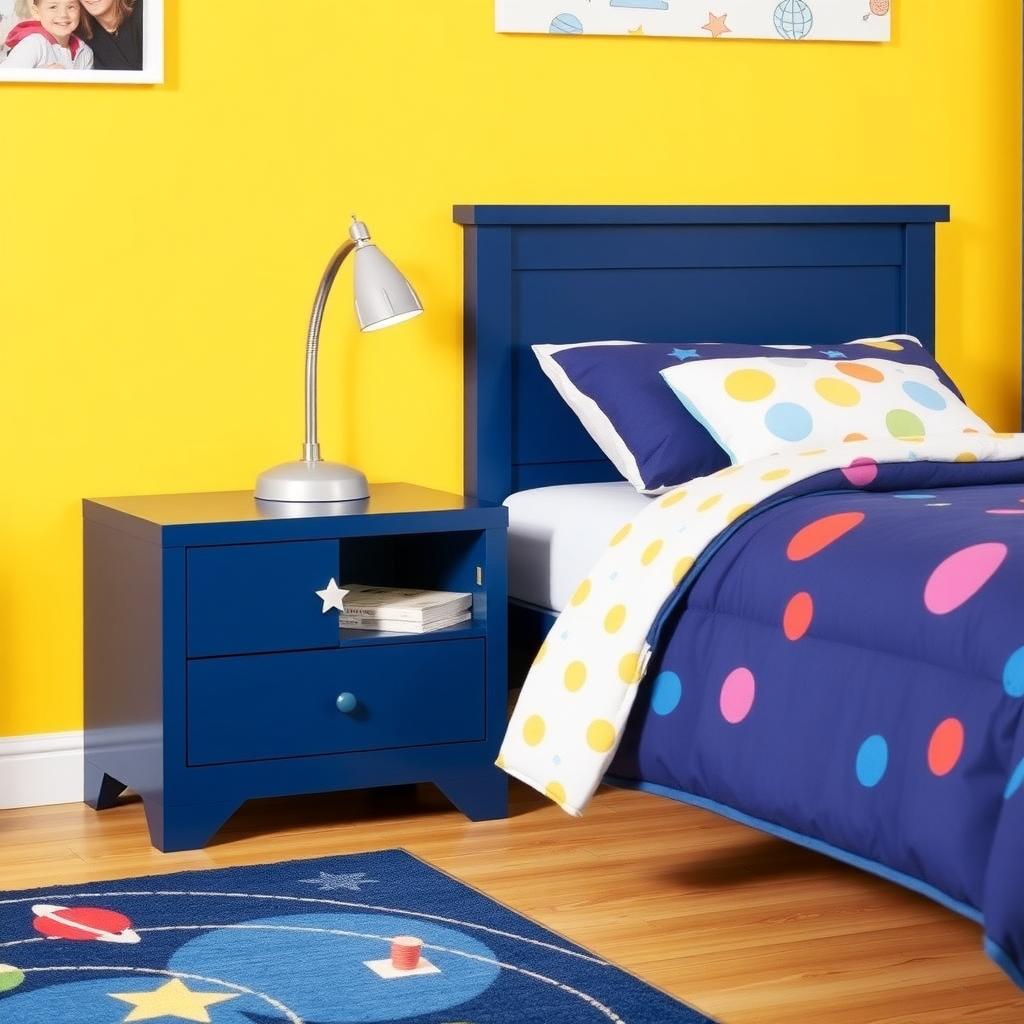 Navy blue nightstand in a kids’ bedroom with a star-shaped knob, books on an open shelf, and a rocket-shaped lamp, set against bright yellow walls.
