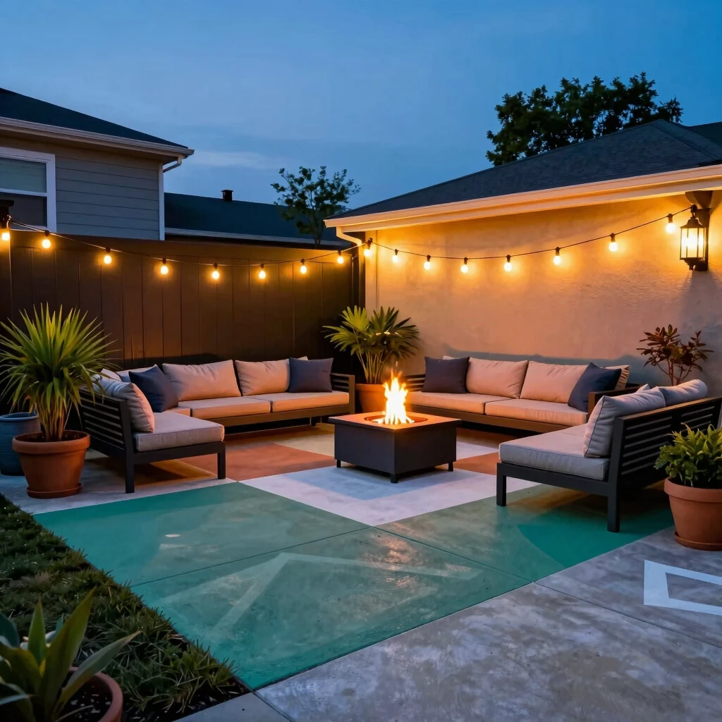 Transformed patio at dusk with painted floor, lights, and cozy seating
