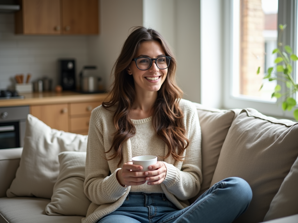 Happy homeowner enjoying a furnished living room.