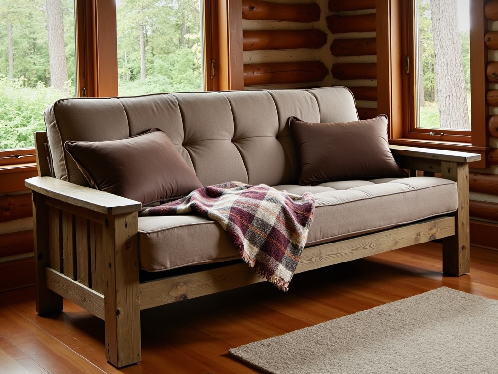 Rustic futon sofa bed in a cabin room