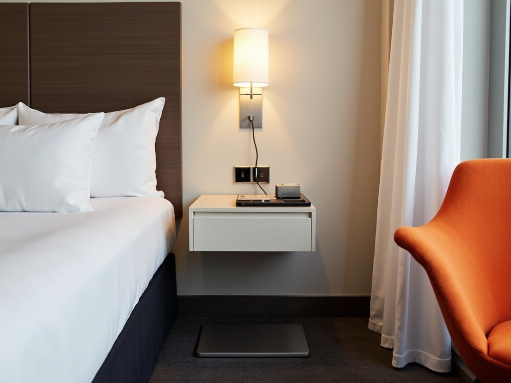 Modern guest room with a sleek nightstand