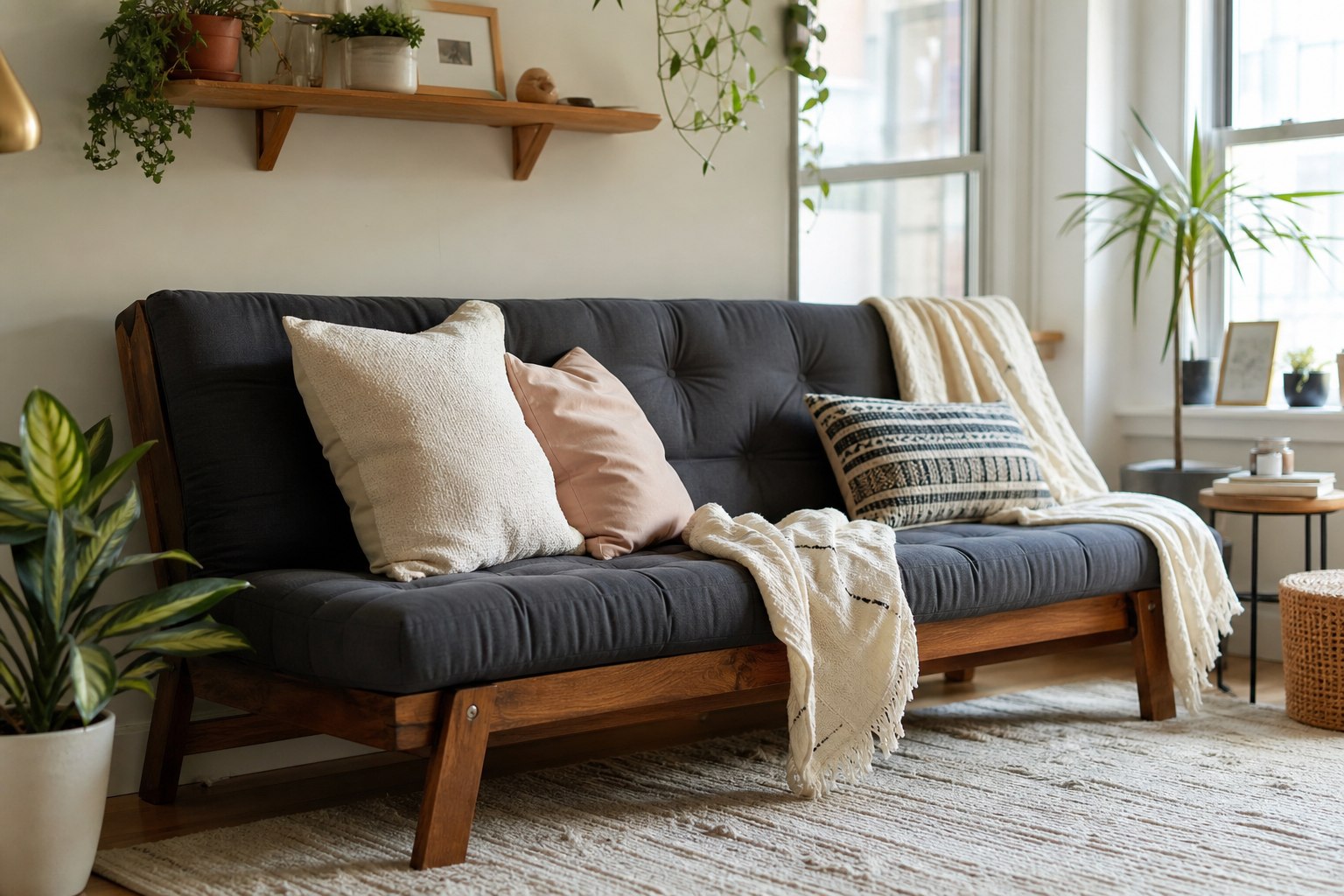 Futon sofa bed styled as a cozy daytime couch in a small apartment