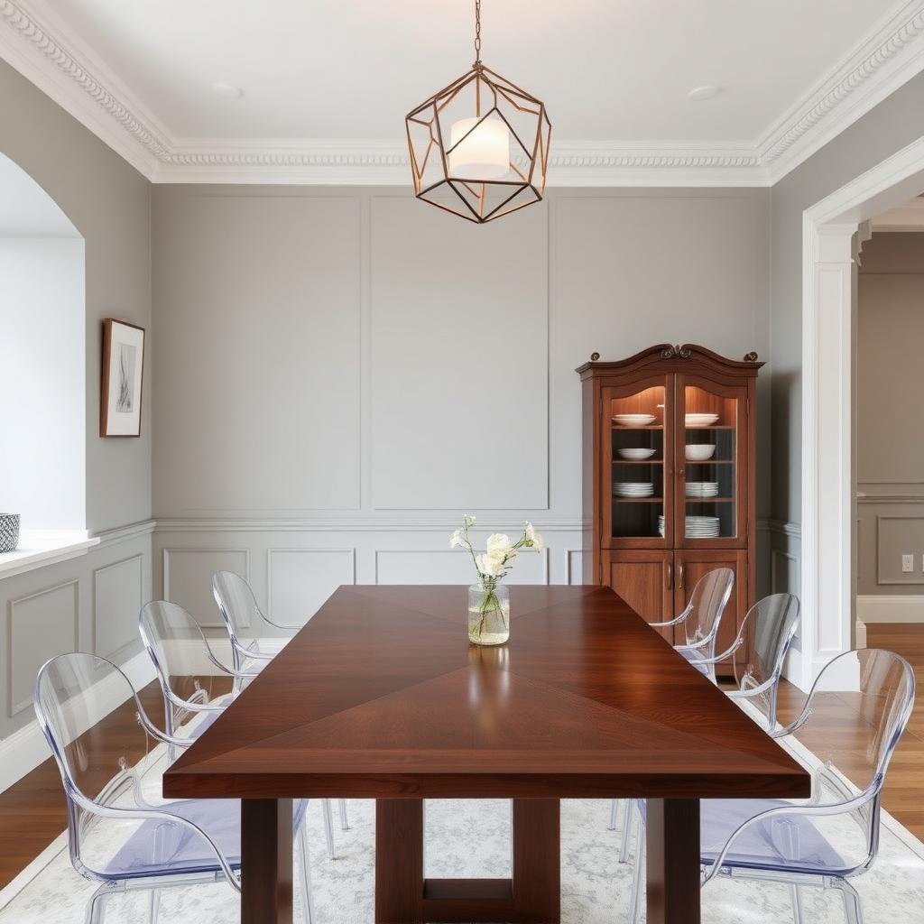 Dining room with gray walls, mahogany table, and minimalist armoire