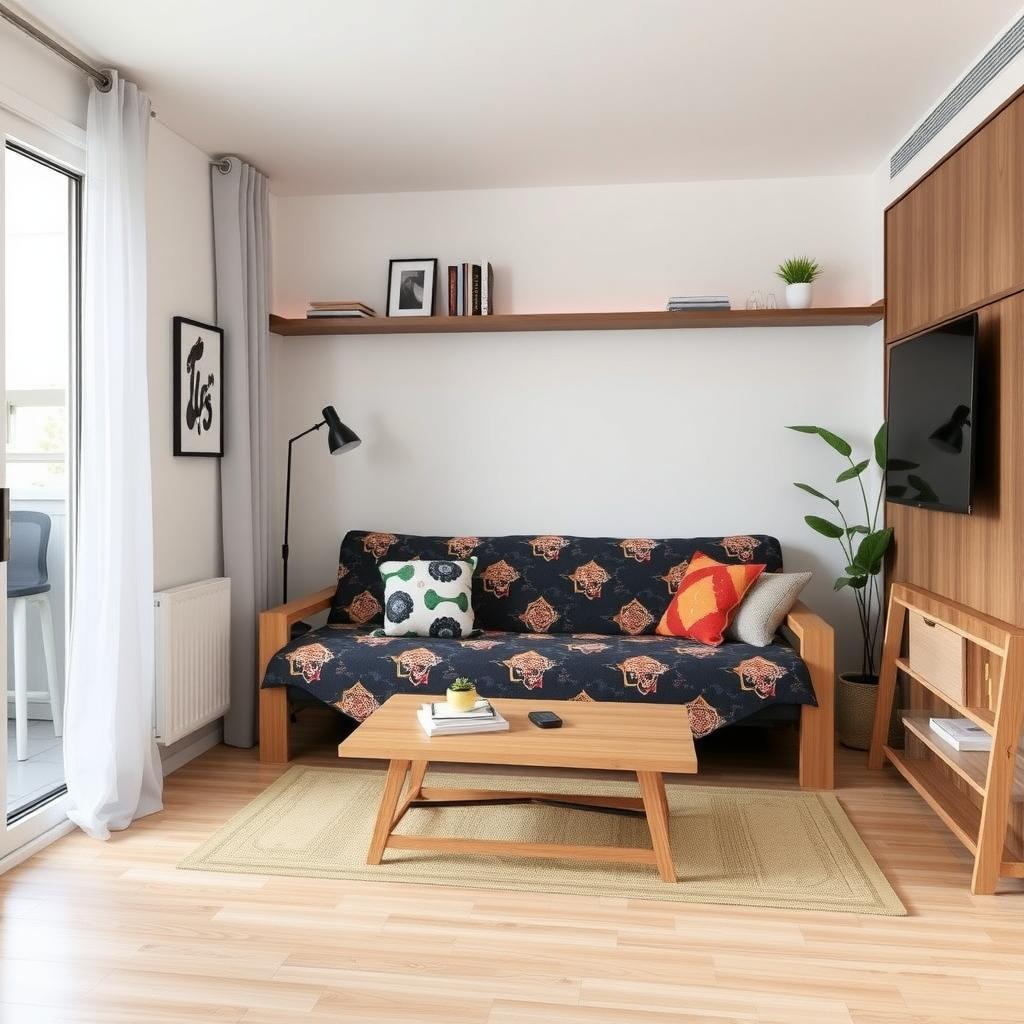 A futon in a small apartment, demonstrating how a customizable cover can make a space feel more personalized and inviting.