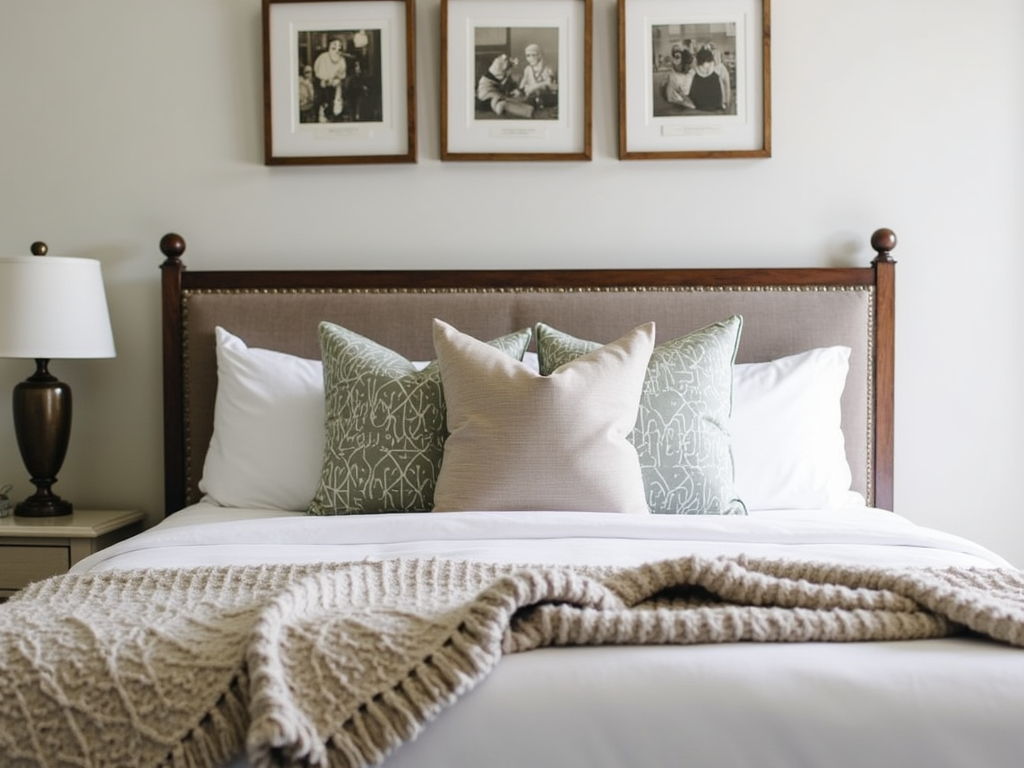 A bedroom with a mix of throw pillows and a cozy blanket, creating a welcoming atmosphere.