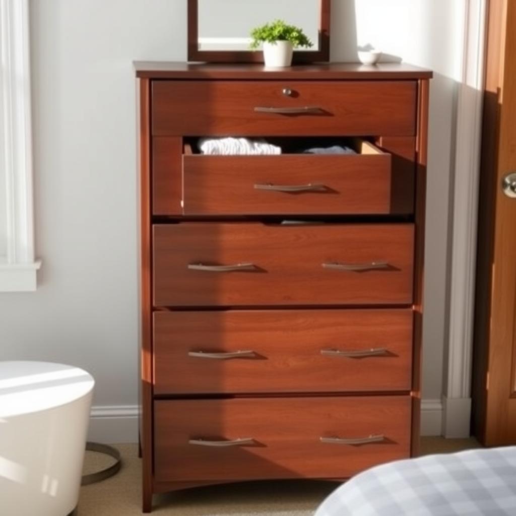 A modern dark wood six-drawer dresser with neatly folded clothes visible in the open top drawer, set in a bright, tidy bedroom.