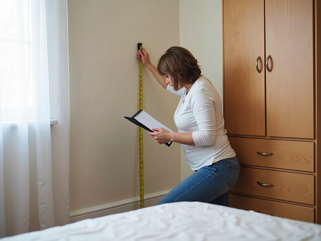 Planning bedroom storage with a tape measure