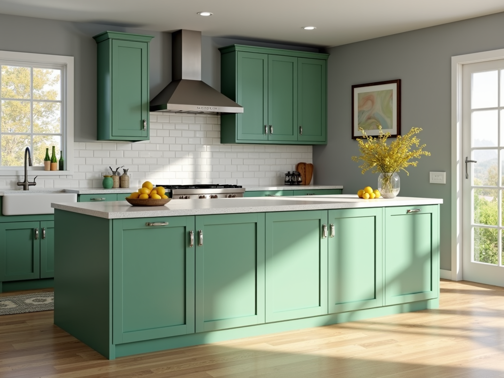 Colorful green kitchen island