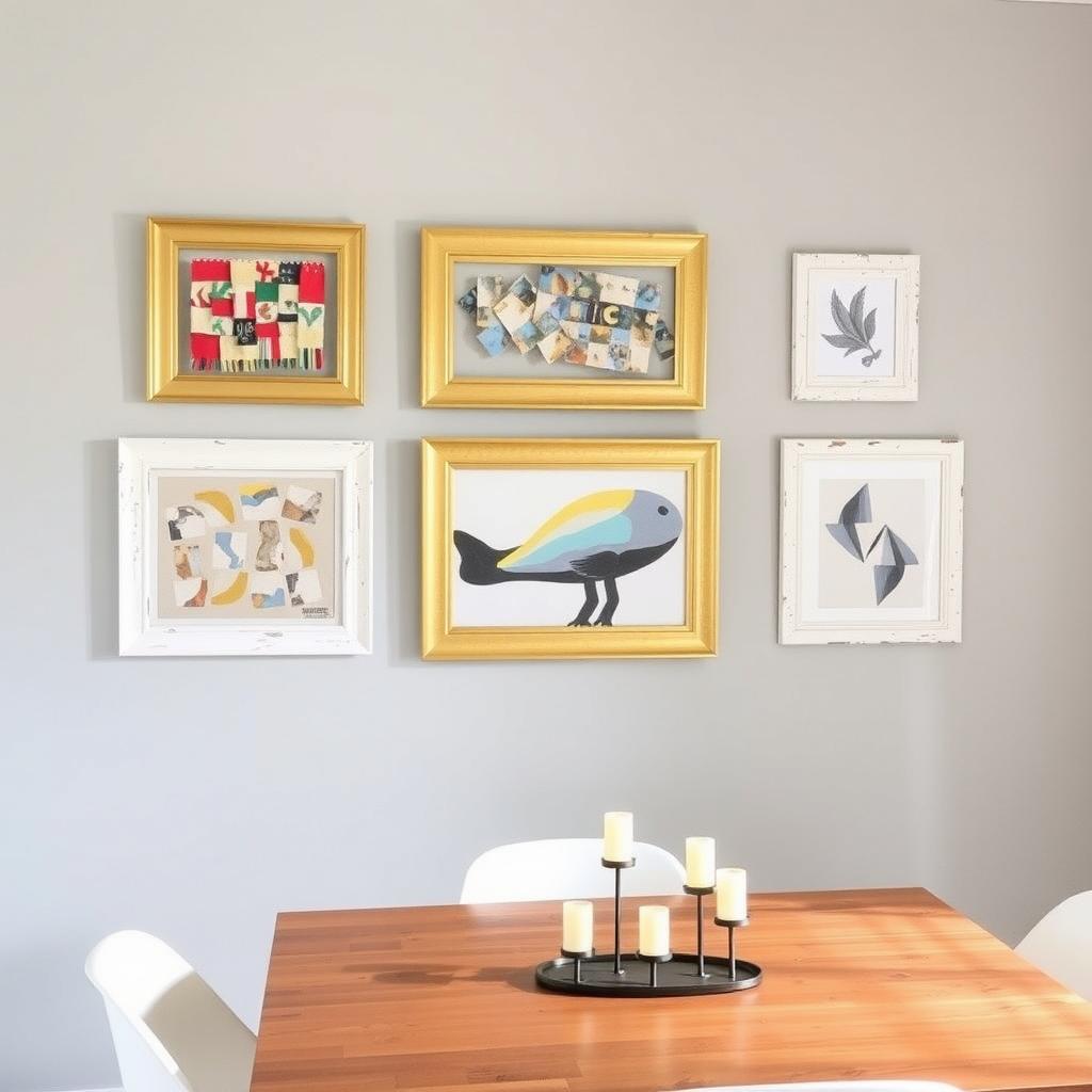 Modern dining room with a gallery wall of upcycled gold and white picture frames holding fabric swatches and art prints.