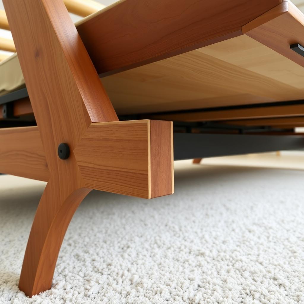 Wooden futon frame with black metal accents, partially unfolded to show conversion mechanism