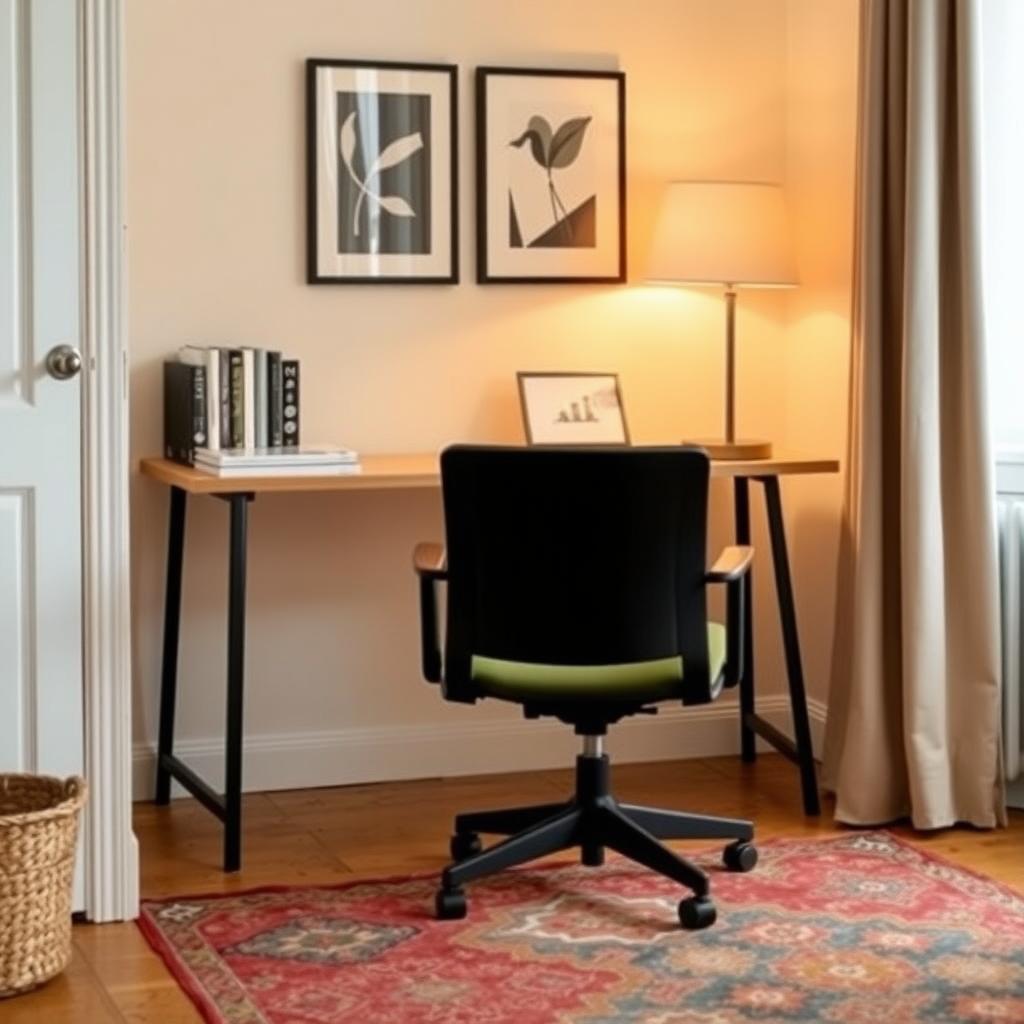 A black Colamy Atlas chair in a cozy home office with a small desk and warm lighting.