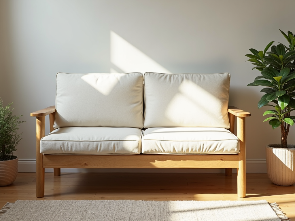 A calm Scandinavian love seat in a sunny room.