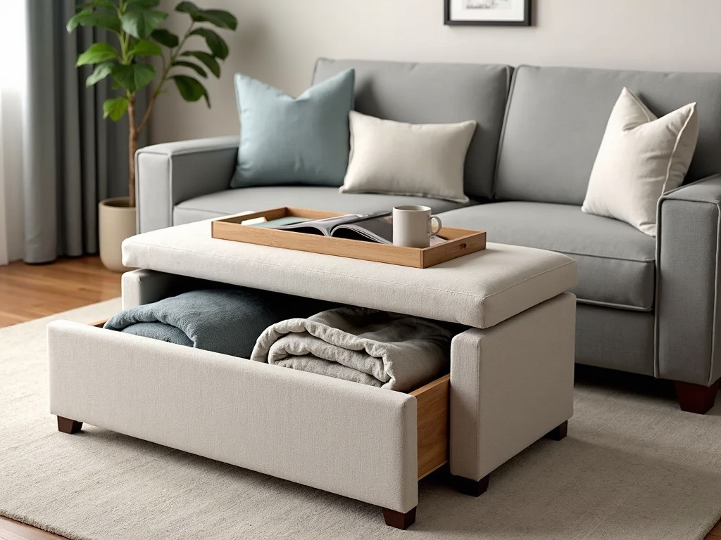 Storage ottoman used as a table with hidden storage in a small living room.