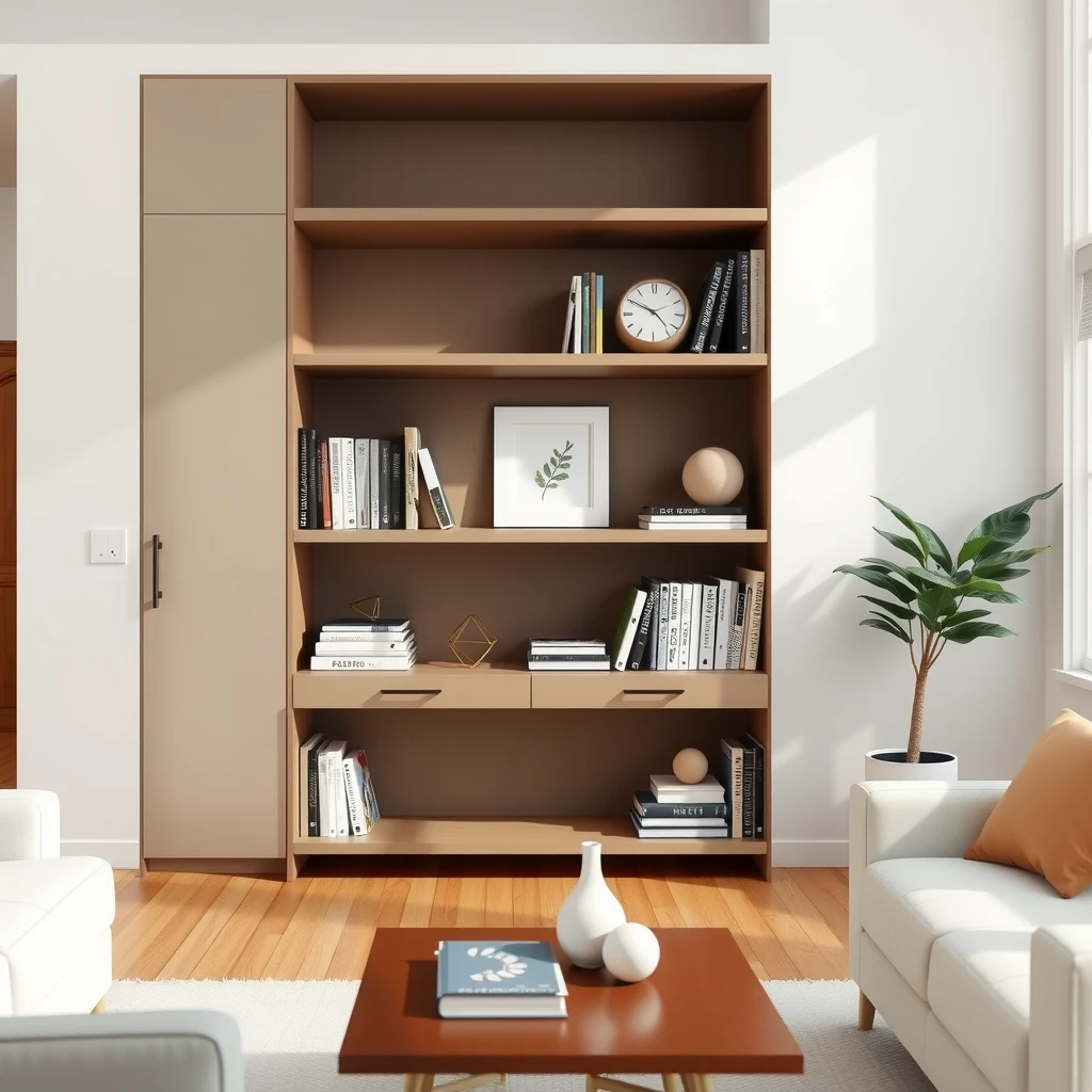 Minimalist bookshelf with horizontal and vertical book stacks for dynamic styling
