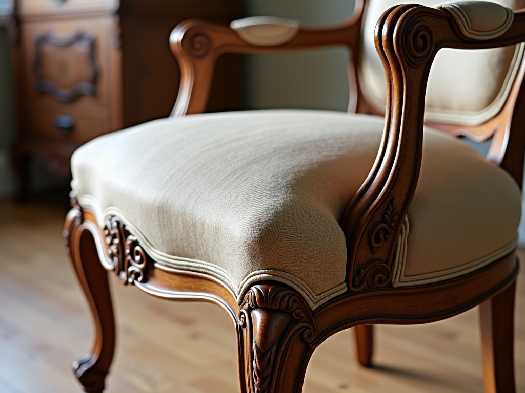 Detailed view of an elegant dining chair with upholstery and wood carvings