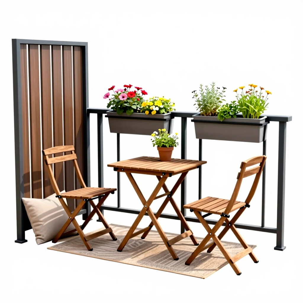 Modern small balcony with foldable table, chairs, railing planters, and outdoor rug