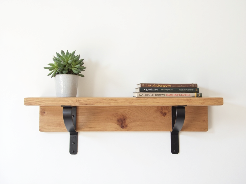 Wooden wall shelf with books and plant
