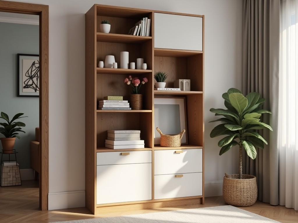 A compact cabinet turning into a dining table in a small apartment living space.