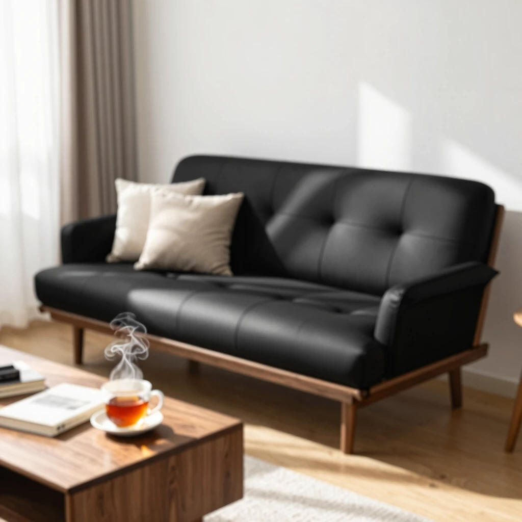 Cozy living room featuring a comfortable futon sofa ready for relaxation.