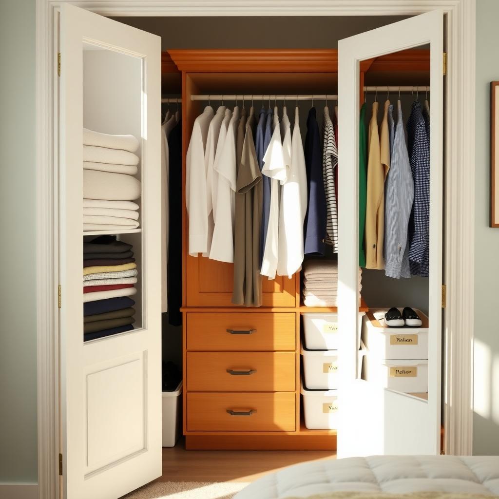 A tidy bedroom closet with neatly folded clothes, color-coordinated shirts, and an armoire in the background.