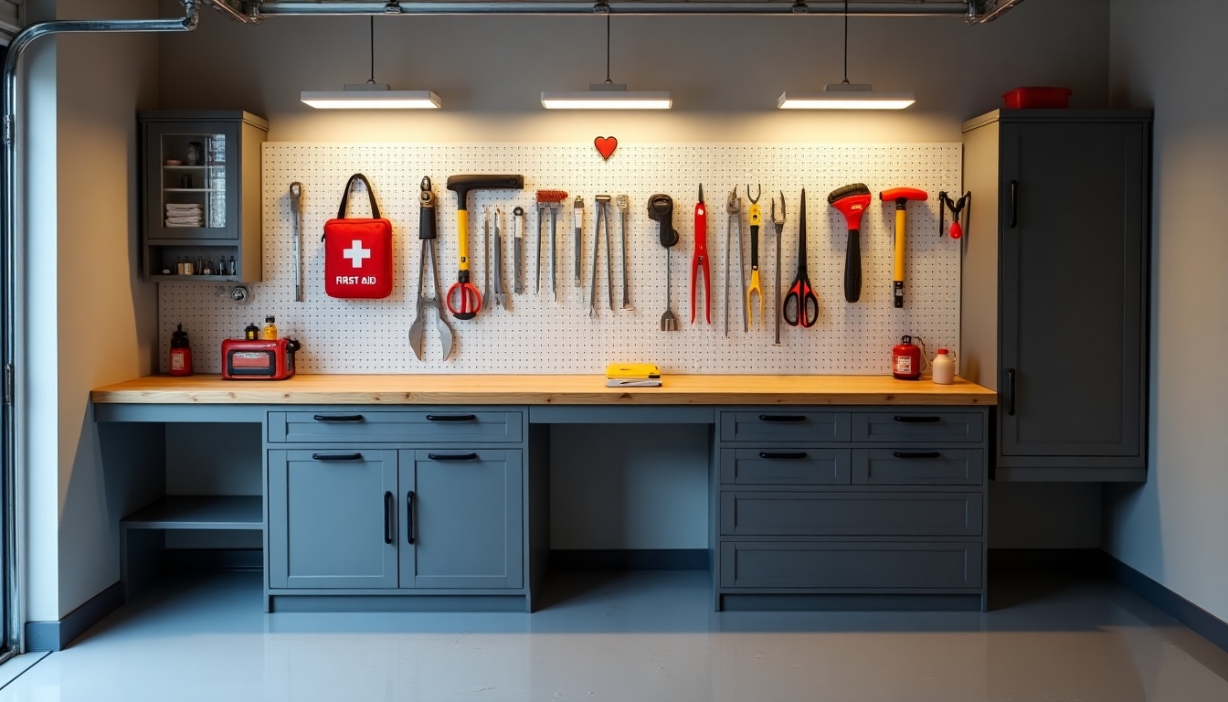 Organized DIY workspace with tools and first aid kit