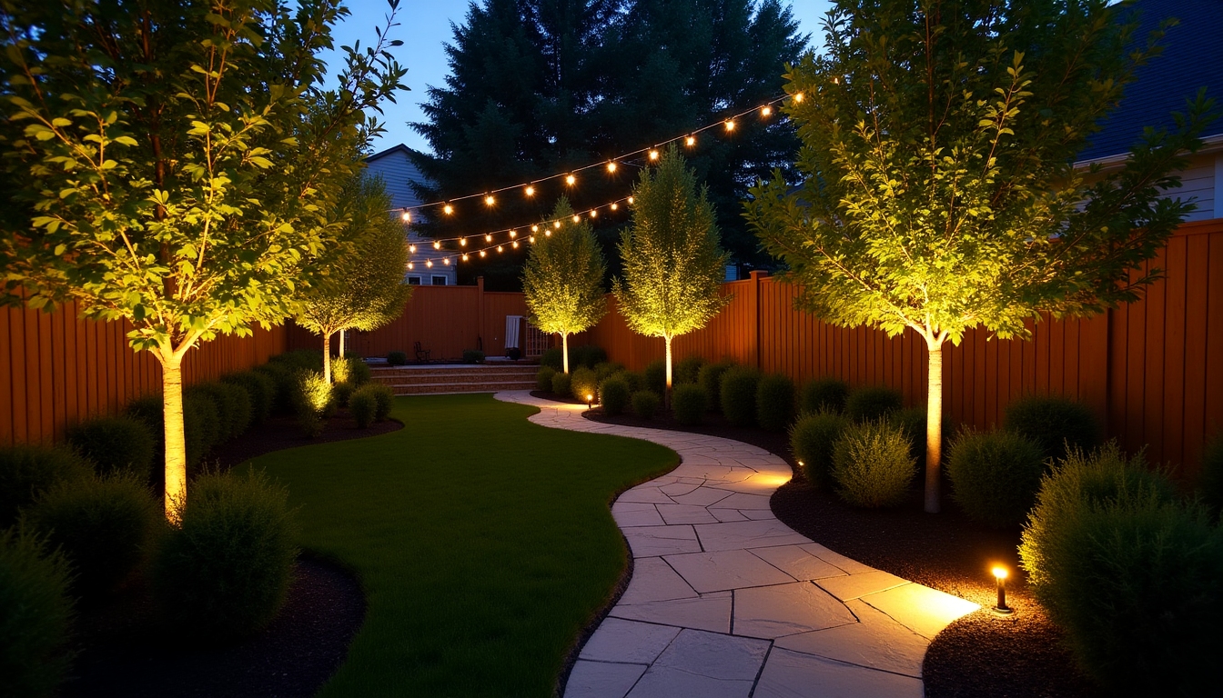 A backyard showcasing layered outdoor lighting effects.