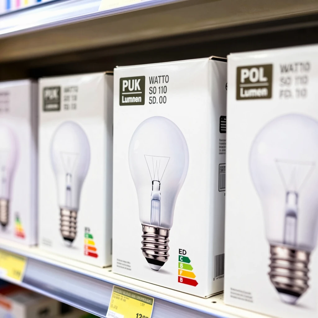 Light bulb packages displaying lumens, wattage, and color temperature information on a store shelf