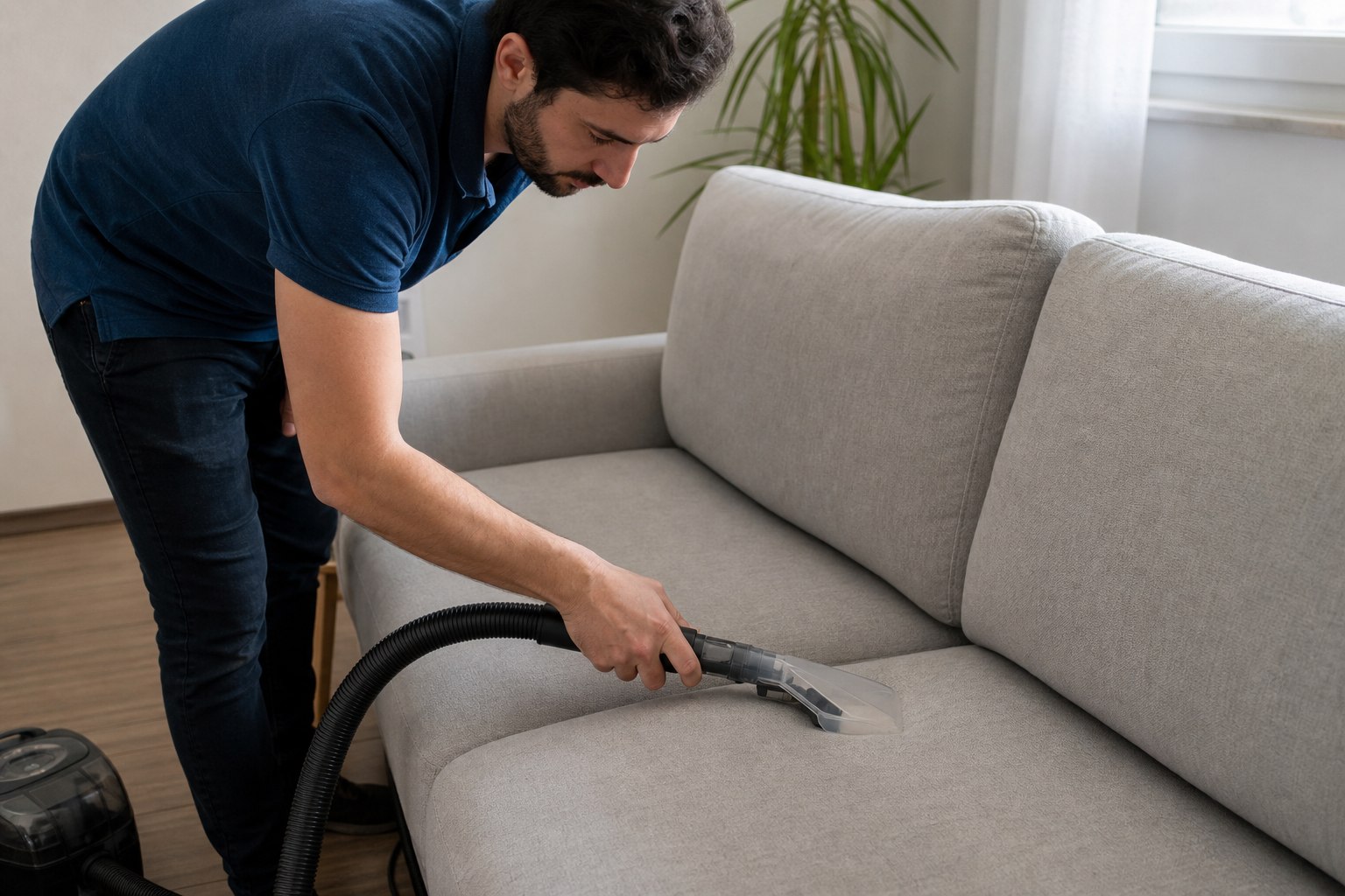 Vacuuming upholstery with proper attachment on a living room sofa