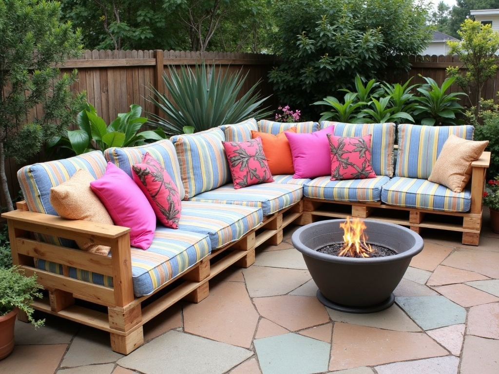 A patio with a DIY pallet sofa, colorful cushions, and a fire pit for a personalized touch.