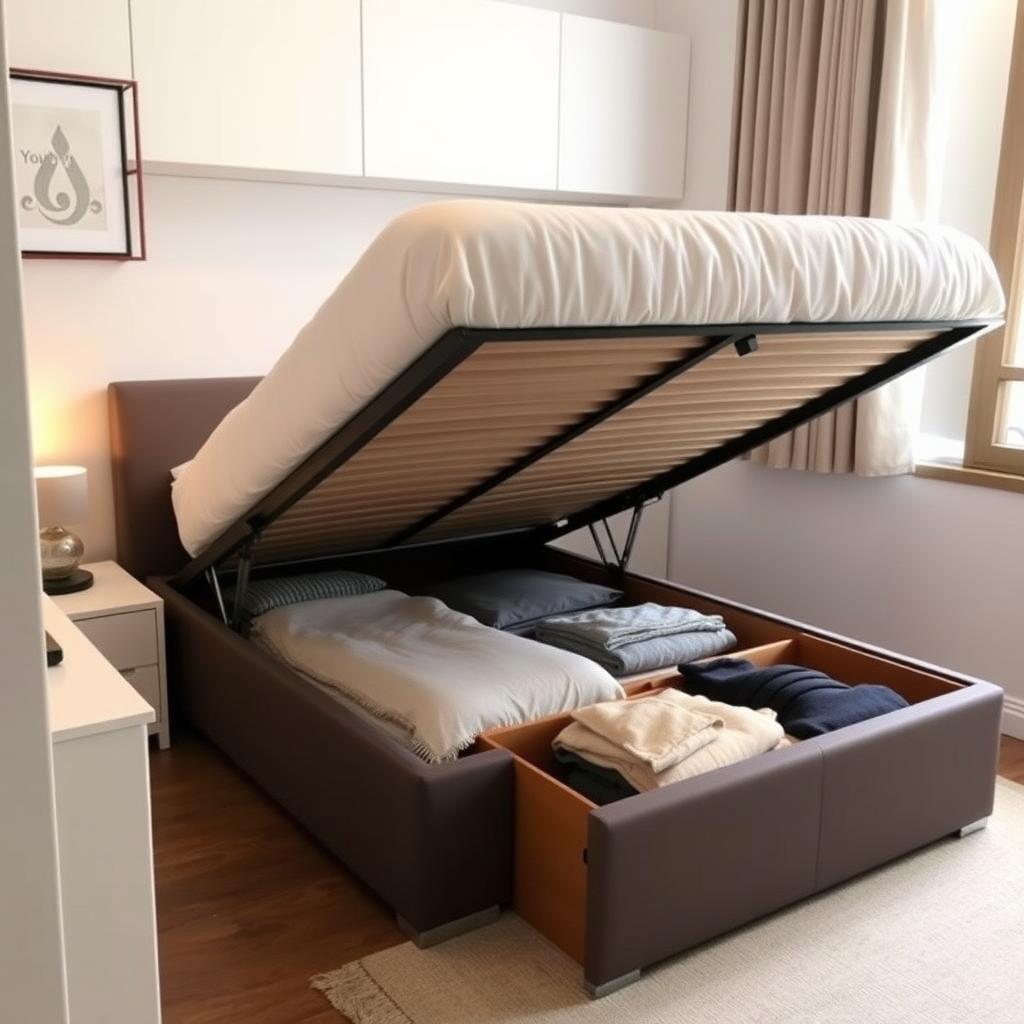 Ottoman storage bed lifted to show organized storage in a cozy small bedroom.